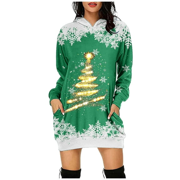 Women's Casual Christmas Printed Hoodie Dress Featuring Festive Gold Tree Design for Holiday Season Comfort