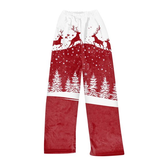 Women's Casual Christmas Printed Plush Pants, Full Length Long Trousers for Winter Wear, Soft and Warm Fleece Material with Festive Design for Women,Deep Red,XS