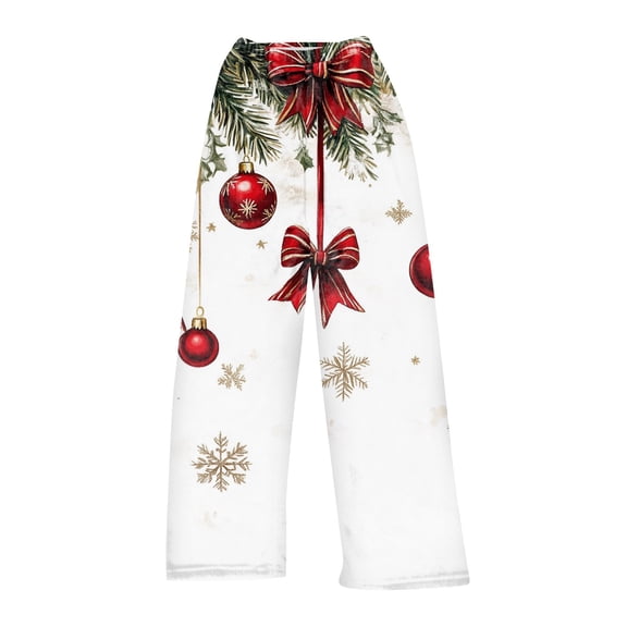 Women's Casual Christmas Printed Plush Pants, Full Length Long Trousers for Winter Wear, Soft and Warm Fleece Material with Festive Design for Women,White,XS
