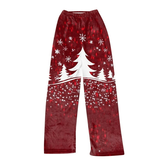 Women's Casual Christmas Printed Plush Pants, Full Length Long Trousers for Winter Wear, Soft and Warm Fleece Material with Festive Design for Women,Wine,XS
