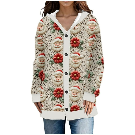 Women's Casual Christmas Sweater Fashion Printed Cardigan Open Front Button Down Knit Coat Outwear