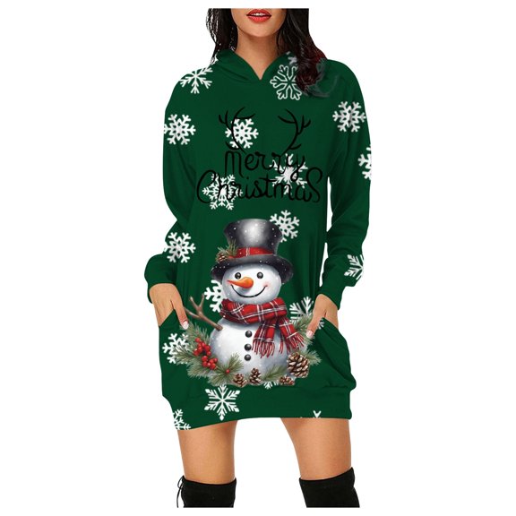 Women's Casual Christmas Sweatshirt Dress Long Sleeve Hooded Festive Snowman Print Fashion Hoodie Tunic Comfortable Winter Outfit