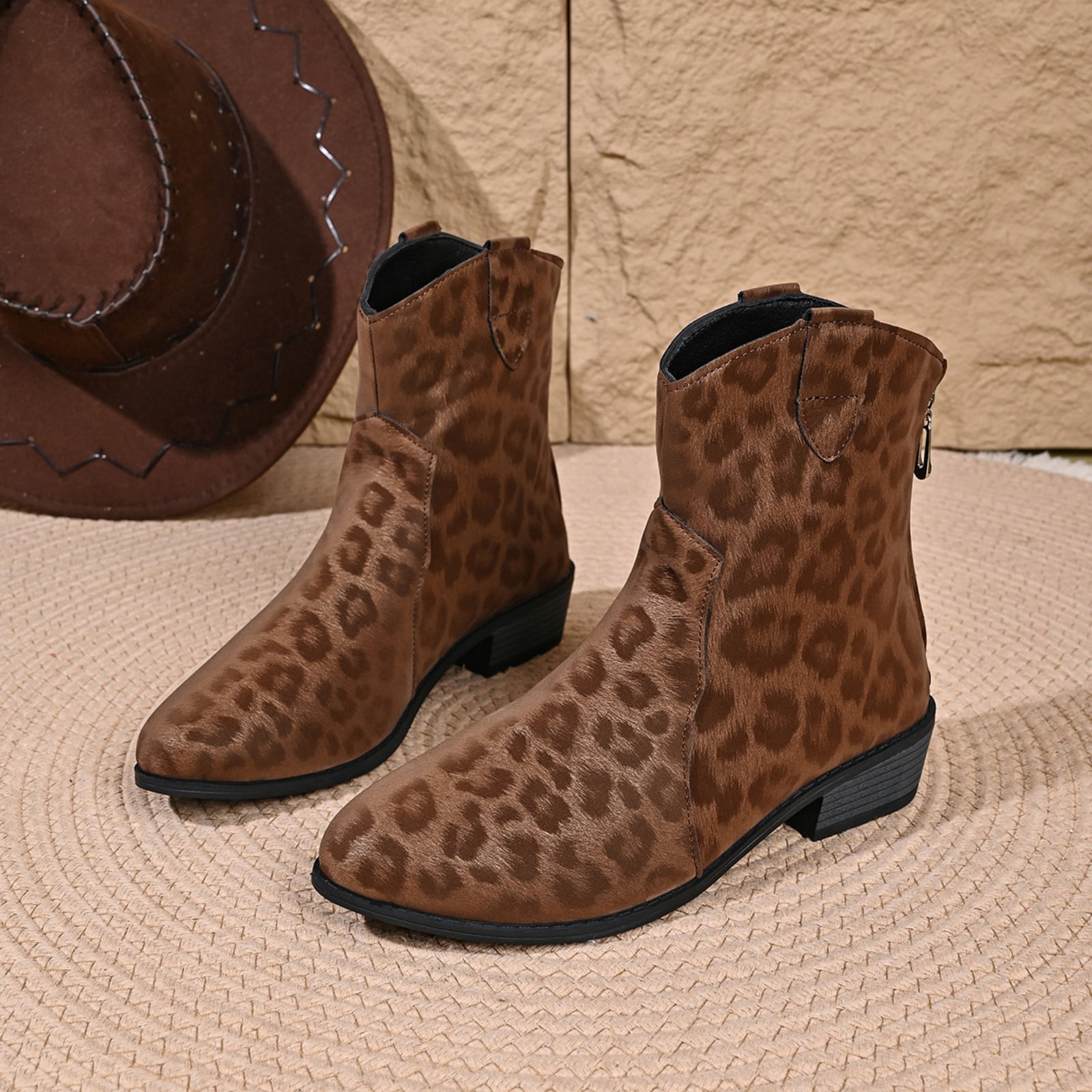 Women's Casual Chunky Heel Short Boots, Suede Leopard Print Fashion ...