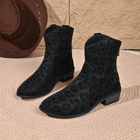 Women's Casual Chunky Heel Short Boots, Suede Leopard Print Fashion Design with Breathable Lining, Trendy Booties for Daily Party Gift