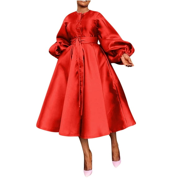 Women's Casual Church Dresses Satin Long Sleeve A Line Semi Formal Fit Belt Maxi Long Dresses with Pockets