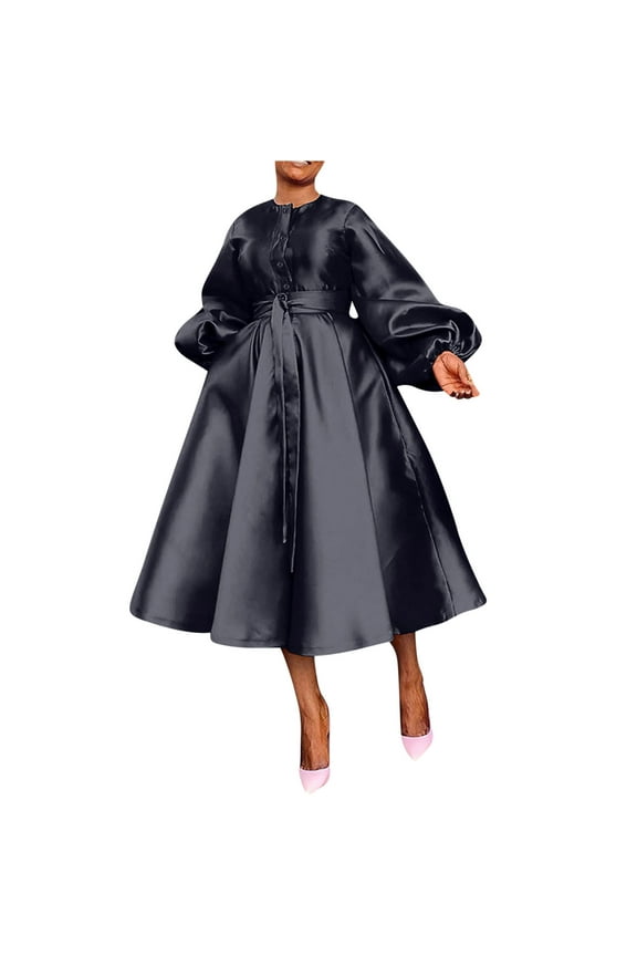 Women's Casual Church Dresses Satin Long Sleeve A Line Semi Formal Fit Belt Maxi Long Dresses with Pockets