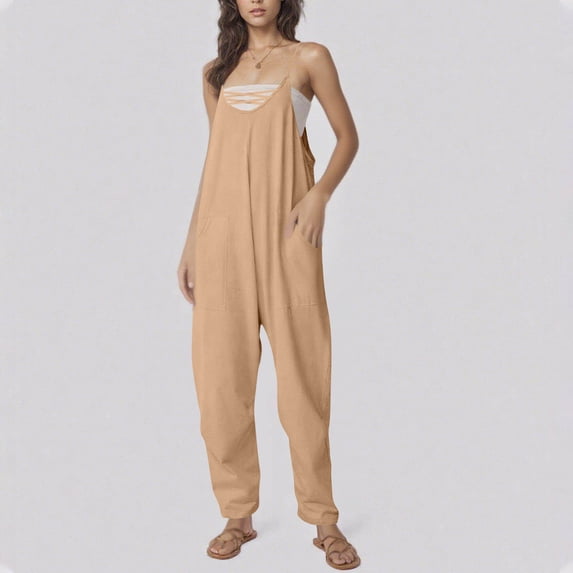 Women's Casual Cold Shoulder Jumpsuit with Spaghetti Straps and Side Pockets - Soft Breathable Polyester Wide Leg Pant for Everyday Wear
