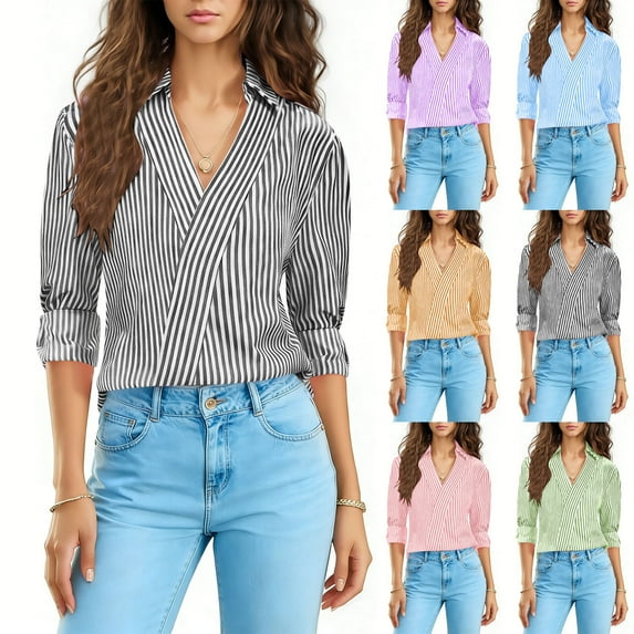 Women's Casual Collar Three Quarter Sleeve Shirt Top Blouse for Business Work Office Style Solid Color Fashion Essential Gift for Women | Aestivo,Blue XL