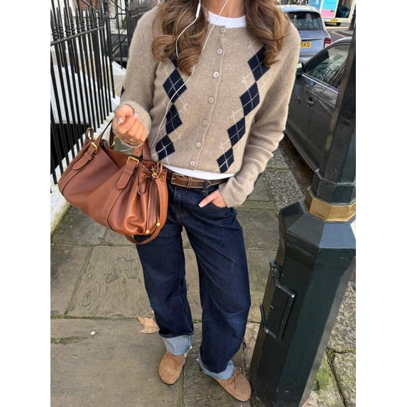 Women's Casual College Style Short Argyle Knit Cardigan, Long Sleeve Round Neck Sweater, Suitable For Winter Wear, Wool Blend Fall