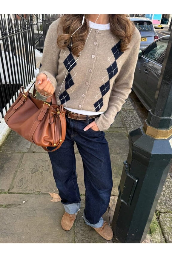 Women's Casual College Style Short Argyle Knit Cardigan, Long Sleeve Round Neck Sweater, Suitable For Winter Wear, Wool Blend Fall