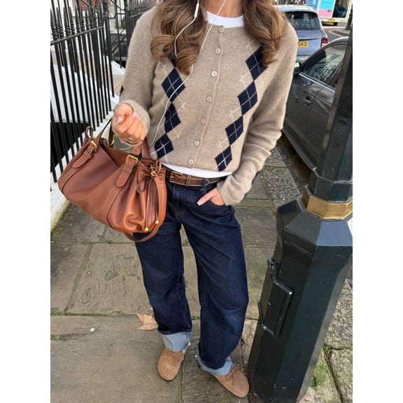 Women's Casual College Style Short Argyle Knit Cardigan, Long Sleeve Round Neck Sweater, Suitable For Winter Wear, Wool Blend Fall