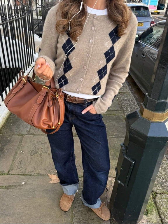 Women's Casual College Style Short Argyle Knit Cardigan, Long Sleeve Round Neck Sweater, Suitable For Winter Wear, Wool Blend Fall