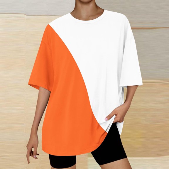 Women's Casual Color Block Letter Printed T-Shirt with Round Neck and Shoulder Drop, Short Sleeve Top, Trendy and Comfortable Blouse for Casual Everyday Wear, Stylish Summer Tee