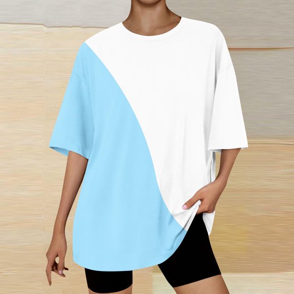 Women's Casual Color Block Letter Printed T-Shirt with Round Neck and Shoulder Drop, Short Sleeve Top, Trendy and Comfortable Blouse for Casual Everyday Wear, Stylish Summer Tee