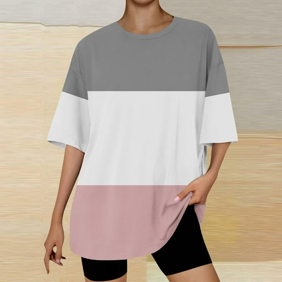 Women's Casual Color Block Letter Printed T-Shirt, Round Neck Shoulder Drop Short Sleeved Top, Trendy and Comfortable Everyday Wear, Stylish Casual Tee for Summer and Casual Outfits