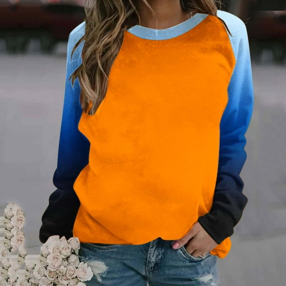 Women's Casual Color Block Sweatshirts Crewneck Loose Fit Gradient Solid Print Pullover Top Fall Long Sleeve Workout Sweatshirts