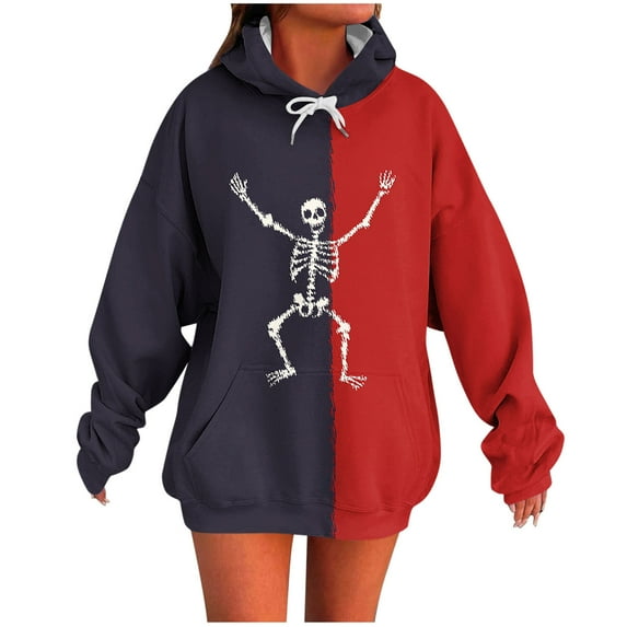 Women's Casual Color Block Winter Hooded Sweatshirt Graphic Halloween Hoodie Fall Long Sleeve Comfy Tops