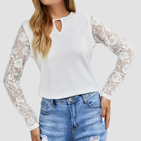 Women’s Casual Color Blocked Blouses Long Sleeved Round Neck Top, Fashionable Lace Panel Knit Sweater, Stylish Round Neck Pullover, Trendy Casual Knit Top for Women