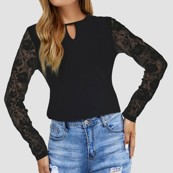 Women’s Casual Color Blocked Blouses Long Sleeved Round Neck Top, Fashionable Lace Panel Knit Sweater, Stylish Round Neck Pullover, Trendy Casual Knit Top for Women