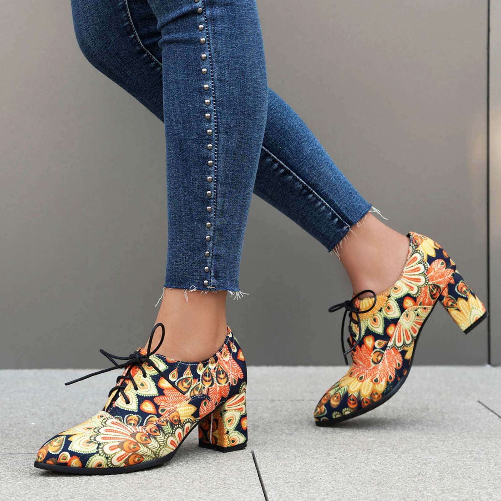 Women's Casual Color Matching Coarse Heel Round Toe Lace Up Single Shoe ...