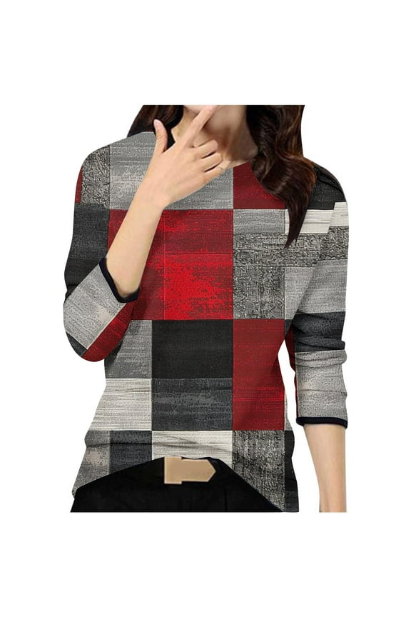 Women's Casual Color Matching Printed Round Neck Long Sleeve T-shirt Loose Fashion