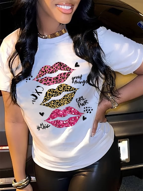 Women's Casual Colorful Leopard Print Statement Tee Bold Lip Design Graphic T-Shirt - Short Sleeve Round Neck Semi-Sheer Top Machine Washable