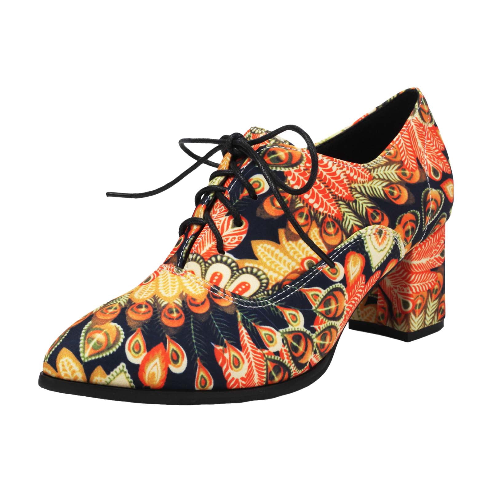 Women's Casual Colorful Print Pumps Shoes Chunky High Heel Pointed Toe Lace Up Suede Dress Shoes