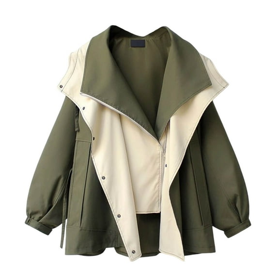 Women's Casual Colour Block Tops Oversize Lapel Outwear Hooded Jackets with Pockets Green L
