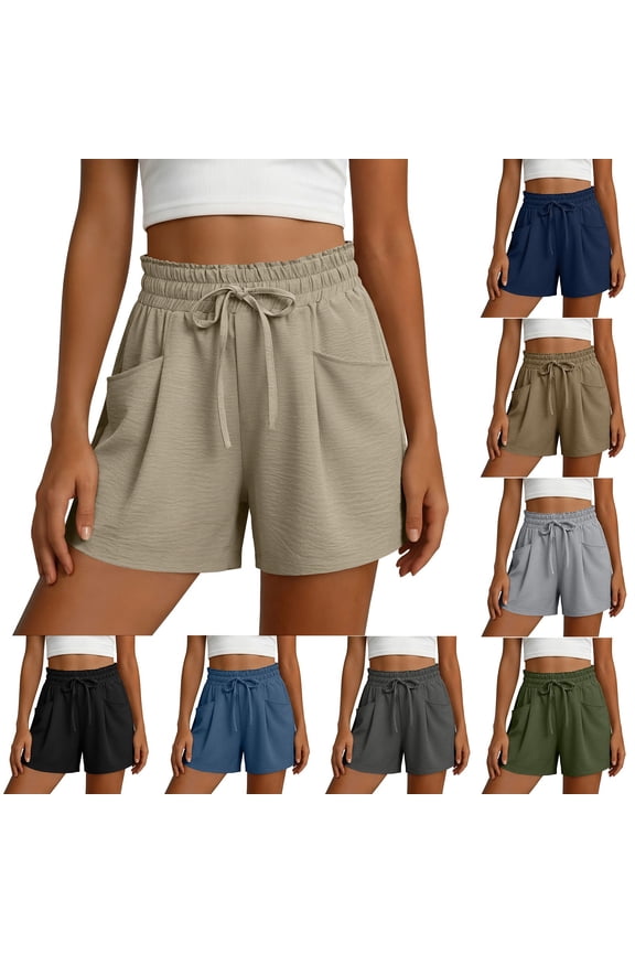 Women's Casual and Comfortable High Waisted Drawstring Elastic Waist Shorts with Pockets, Tummy Control, Soft Polyester Fabric, Summer, Vacation, Travel, | TruBelle,Beige L
