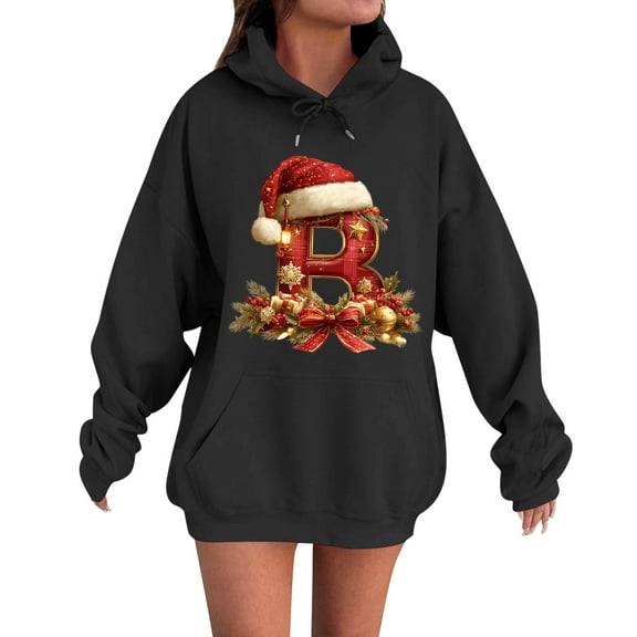 Women's Casual Comfortable Long-Sleeved Christmas Letter-Printed Warm Hooded Round Neck Sweatshirt for Cozy Winter Wear