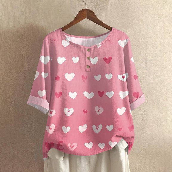 Women's Casual Comfortable Mid Sleeve Round Neck Fashion Print Cotton Linen Top, Breathable Blouse for Daily Wear and Summer Outfits,Deep Red,S