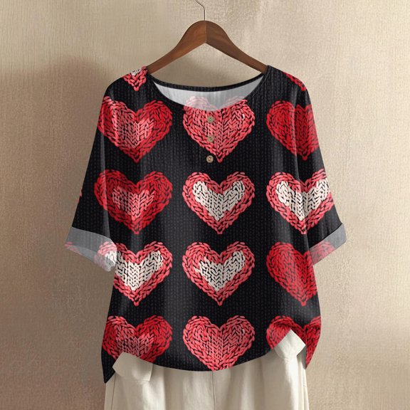 Women's Casual Comfortable Mid Sleeve Round Neck Fashion Print Cotton Linen Top, Breathable Blouse for Daily Wear and Summer Outfits,Hot Pink,L