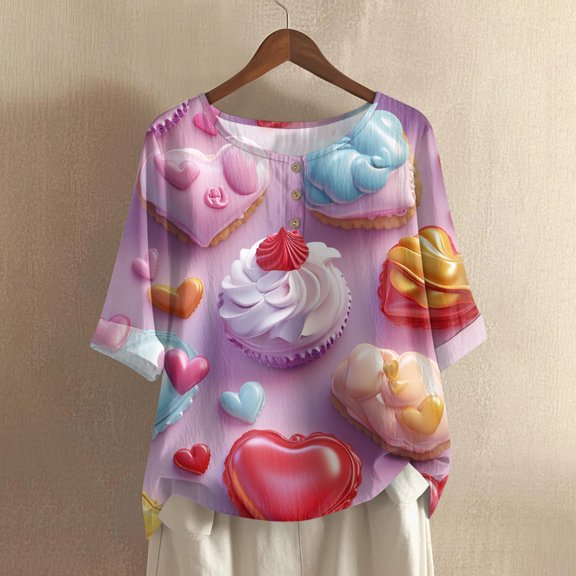 Women's Casual Comfortable Mid Sleeve Round Neck Fashion Print Cotton Linen Top, Breathable Blouse for Daily Wear and Summer Outfits,Purple,S