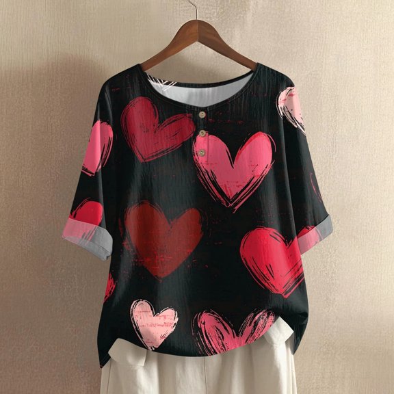 Women's Casual Comfortable Mid Sleeve Round Neck Fashion Print Cotton Linen Top, Breathable Blouse for Daily Wear and Summer Outfits,Red,L