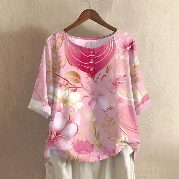 Women's Casual Comfortable Mid Sleeve Round Neck Fashion Print Cotton Linen Top, Breathable Blouse for Daily Wear and Summer Outfits,Red,S