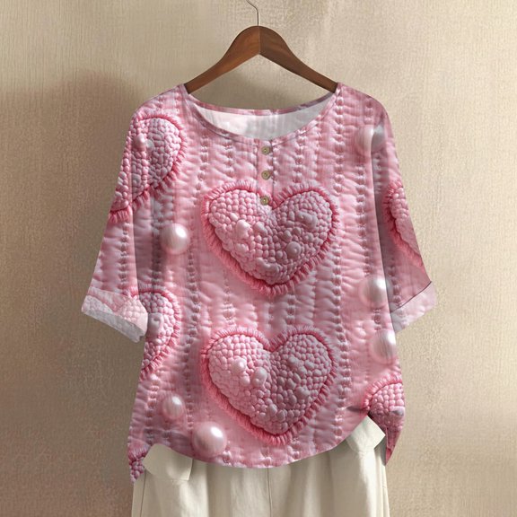 Women's Casual Comfortable Mid Sleeve Round Neck Fashion Print Cotton Linen Top, Breathable Blouse for Daily Wear and Summer Outfits,Vermilion,2XL