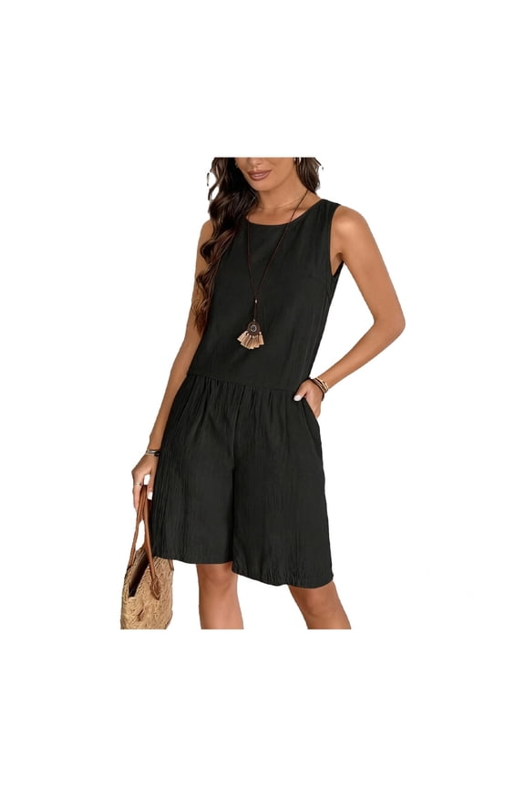 Women's Casual Coordinated Set, Crew Neck Sleeveless Top with Drawstring Shorts, Easy Summer Outfit for Beach Cover-Up & Travel Black M