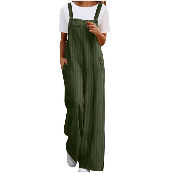 Women's Casual Corduroy Overalls Adjustable Straps Wide Leg Jumpsuits Baggy Pants with Pockets