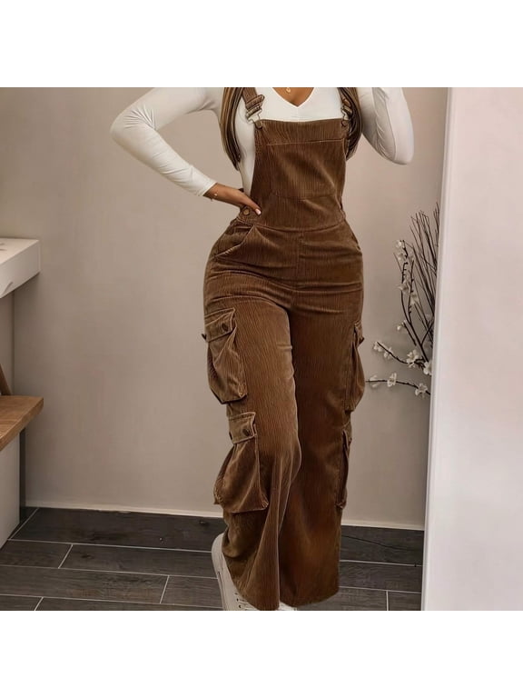 Women's Casual Corduroy Overalls Jumpsuit Casual Fitted Straight Leg Work Bibs (Brown XL)