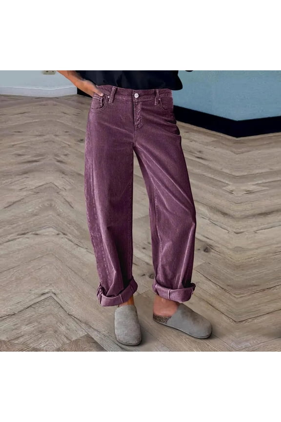 Women's Casual Corduroy Pants, High Waisted Straight Leg Trousers, Retro Wide Leg Pants for Women, Fall Winter Fashion Corduroy Bottoms,Purple,M