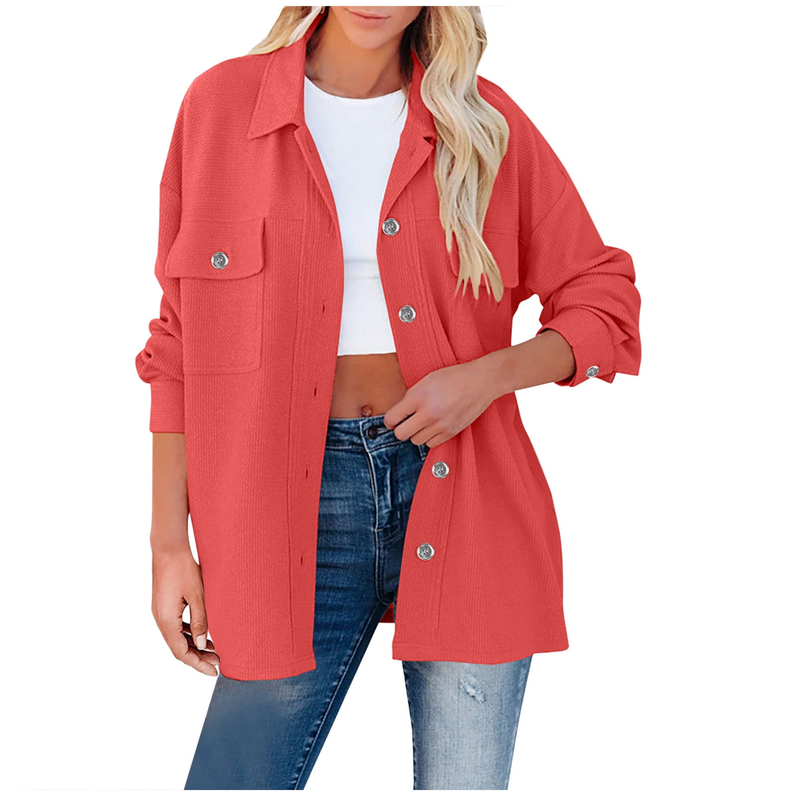 Women’s Casual Corduroy Shacket Jacket Oversized Button Down Long Sleeve Solid Color Fall Jacket