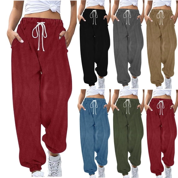 Women's Casual Corduroy Sweatpants, Loose Fit with Elastic Waist Side Pockets, Solid Color Long Pants, Fall & Street Style | VerBelle,Dark Gray S
