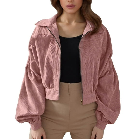 Women's Casual Corduroy Zip Up Cropped Jacket Long Sleeve Lapel Coat Lightweight Stylish Outerwear