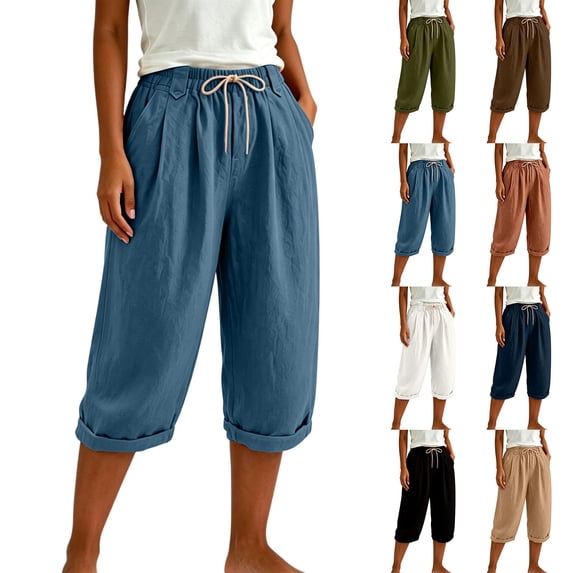 Women's Casual Cotton Blend Capris With Pockets And Drawstring, Mid Rise Elastic Waist, Tummy Control, Comfy Pull On Style, Workout, Lounge, Travel, Active, | TruBelle,Black M