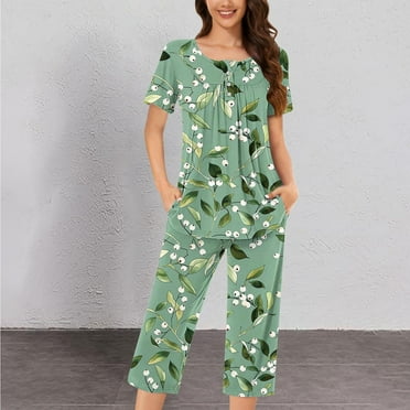 Women's Casual Cotton Blend Short Sleeve Pajama Set with Pockets – Comfortable Loungewear for Spring/Summer