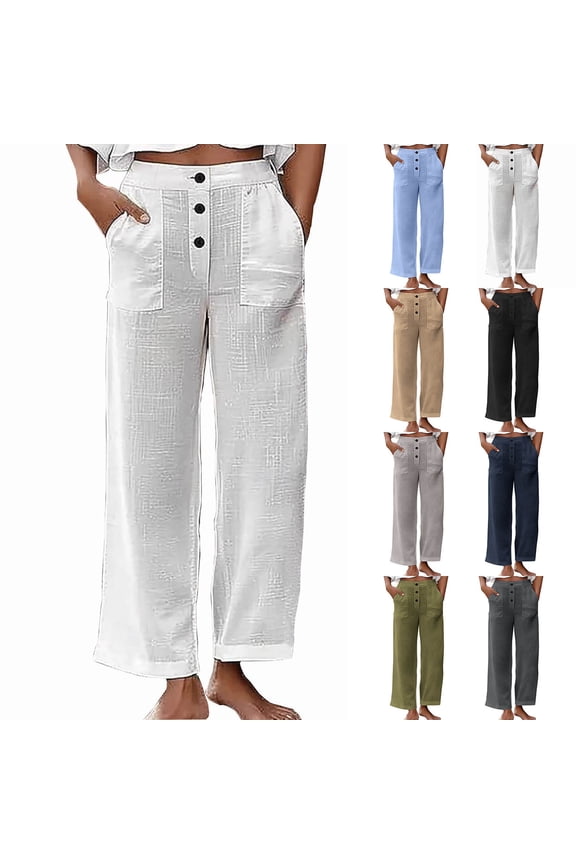 Women's Casual Cotton Blend Straight Leg Pants with Pockets, Mid Waist Loose Fit Trousers, Soft & Comfortable Daily Wear, for Work, Office, Travel, | TruHer,Navy S