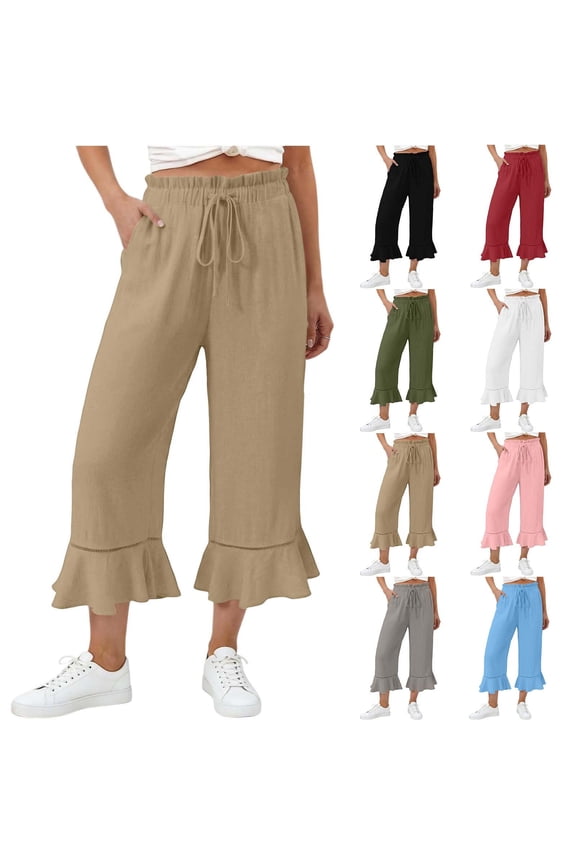 Women's Casual Cotton Blend Wide Leg Pants with Pockets, Drawstring Elastic Waist Ruffle Lace Trim, Mid Waist Flowy Tummy Control, Versatile Soft Palazzo Pants | TruBelle,Army Green L