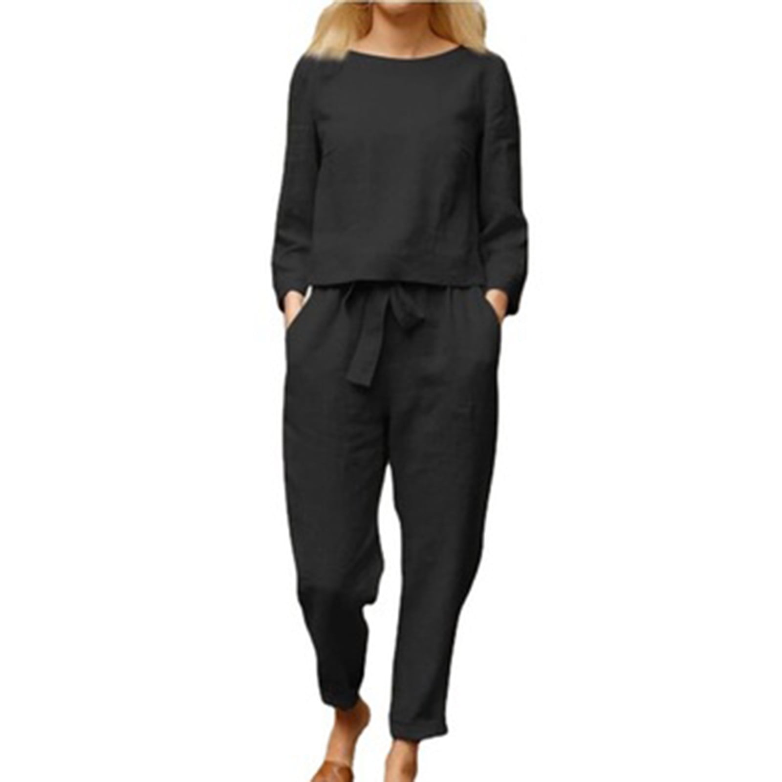 Women's Casual Solid Color Round Neck Mid Sleeve Long Pants Cotton and Linen Two-piece Set main image 1