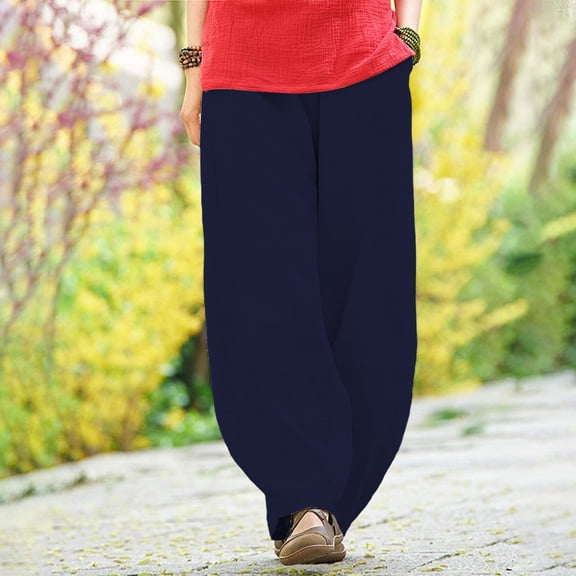 Women's Casual Cotton Linen Baggy Pants with Elastic Waist Relax Fit Lantern Trouser Navy S-5XL