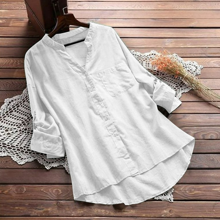 Women's Casual Cotton Linen Blouses Tops Long Sleeve Button Down Shirts